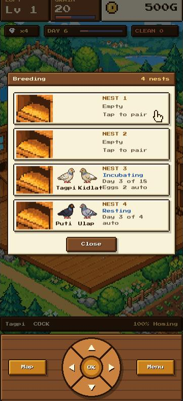 The breeding screen showing four nests with their pigeons and egg progress